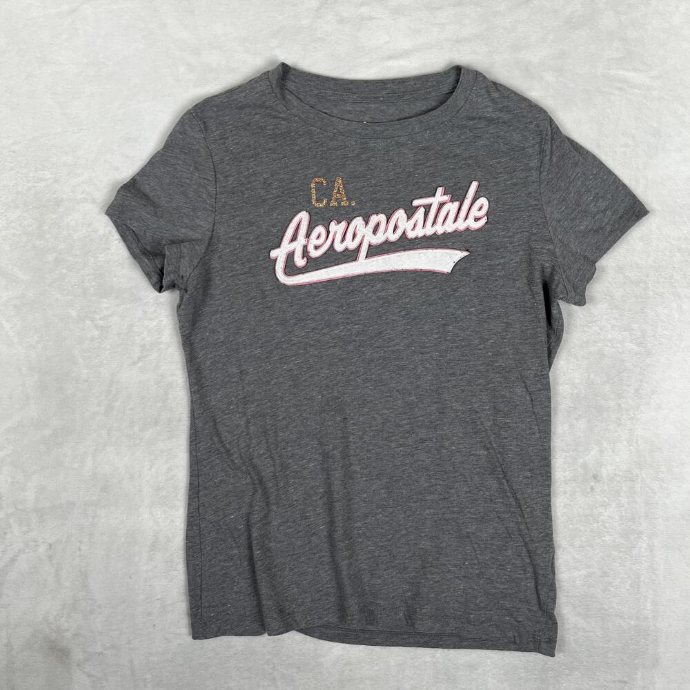 Aeropostale T-Shirt Juniors XL Gray CA Logo Graphic Glitter Classic Crew Tee Y2K